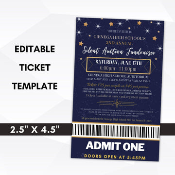Navy blue silent auction fundraiser ticket template